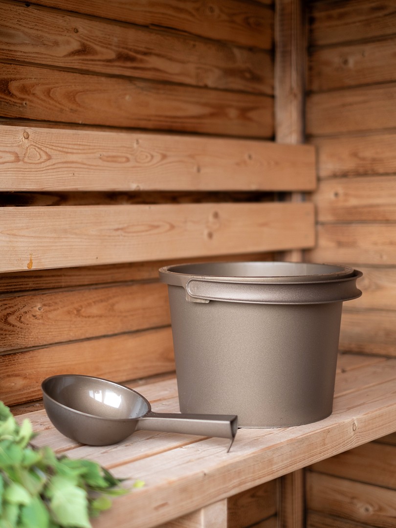 Orthex sauna bucket and scoop in sauna