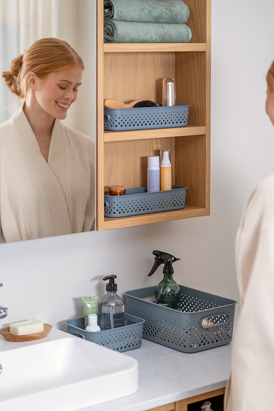 SmartStore Essence Storage Baskets in Bathroom counter and cabinet